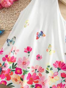 一件式少女编织花卉印花无袖修身套头连衣裙，春夏款式 - 白色 - 查看 2