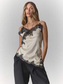 MUSERA Áo kiểu bất đối xứng bằng satin viền ren, dáng suông, gợi cảm, thích hợp đi chơi tối, hẹn hò, lễ hội Halloween, xuân hè, lễ Phục sinh, ngày lễ. - Rượu sâm banh - Xem 2