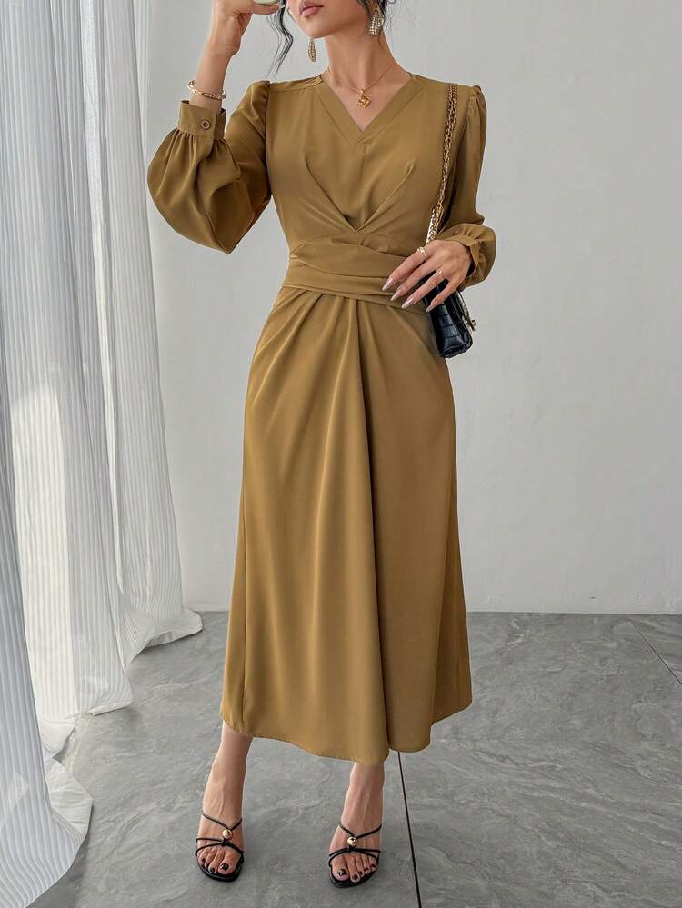 Women's Elegant Solid Color V-Neck Puff Sleeve Tie Waist Mid-Length Dress, Spring/Summer Wedding Guest Dress Maxi Dress Sundress