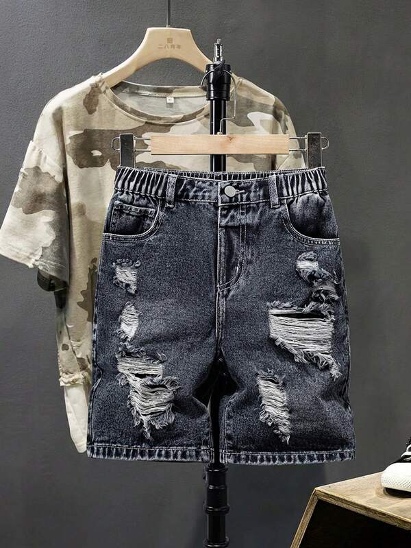 Jeans casuales y versátiles con efecto desgastado para niños preadolescentes, ropa de moda urbana y para exteriores