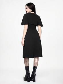 Spring/SummervacationWomen's Vintage Gothic Sun & Moon Embroidery V-Neck Contrast Lace Mini Dress, Spring/Summer - Black - View 3