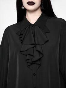 ROMWE Áo sơ mi nữ cổ bèo kiểu Gothic cổ điển cài cúc phía trước, mùa thu - màu đen - Xem 4