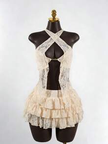 SaltGleam SaltGleam Bộ đồ nữ gợi cảm và ngọt ngào gồm áo hai dây ren khóa kim loại và chân váy xếp tầng. - Màu be - Xem 1