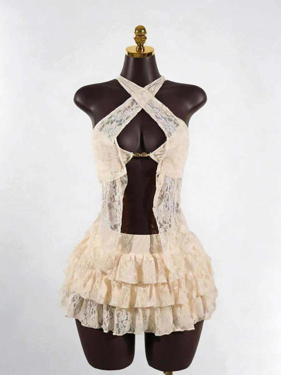 SaltGleam SaltGleam Bộ đồ nữ gợi cảm và ngọt ngào gồm áo hai dây ren khóa kim loại và chân váy xếp tầng. - Màu be - Xem 1