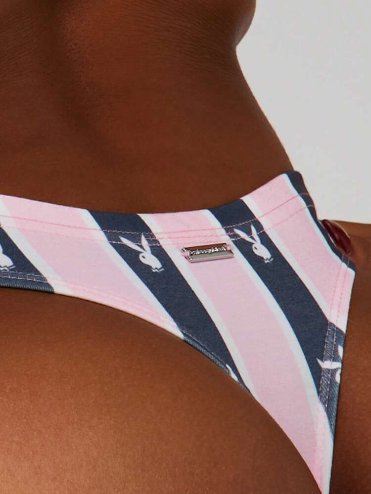 Missguided x Playboy Horizontal Striped Thong With Bunny Logo Print Comfortable String Bikini Underwear For Daily Wear And Summer Beach