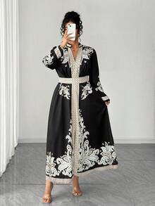 Elenzga Fashionable Casual French Retro Elegant Stand Collar Waist Cinched Floral Print Dress - Black - View 5
