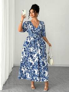 SHEIN Elenzya Đầm nữ cỡ lớn in hoa, cổ chữ V xẻ tà, tay ngắn, eo thắt, dáng suông, thích hợp cho kỳ nghỉ. - Nhiều màu - Xem 7