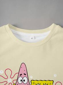 SpongeBob SquarePants | SHEIN Tween Girl Cartoon Print Round Neck Short Sleeve T-Shirt And Solid Color Biker Shorts 2-Pieces Set - White - View 5