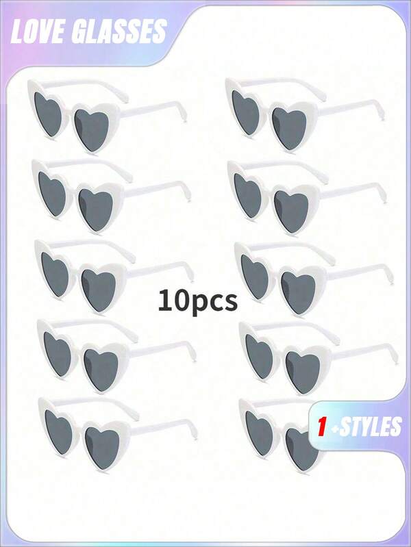 10pcs Cute And Interesting Heart-Shaped Decorative Fashion Glasses For Both Men And Women, Suitable For Wedding Parties, Dance Parties, Etc., In White Color, Christmas