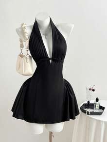 Elamini Vestido de linterna con pliegues, decoración de lazo y escote en V profundo, estilo retro dulce y picante para mujer - Negro - Ver 6