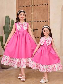 SHEIN DRMZ Tween Girls' Big Bowknot Patchwork Print Vacation Dress,Kids - Pink - View 7