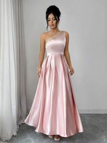 Elenzga Women Elegant Pink Sleeveless Long Dress Asymmetrical Neck With Delicate Gold Embroidery Flared Silhouette Bride Prom Gown - Pink - View 7