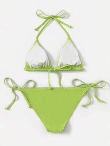 SHEIN Swim 2件套纯色挂脖扭结前比基尼泳衣 - 綠色 - 查看 2