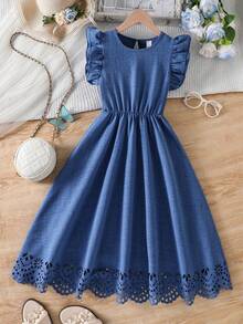 SHEIN 1pc Tween Girl Casual Woven Bamboo Linen Blend Round Neck Cap Sleeve Laser Cutout Hem Fitted Blue Dress, Elegant & For Daily Wear, Commute, Party - Blue - View 5