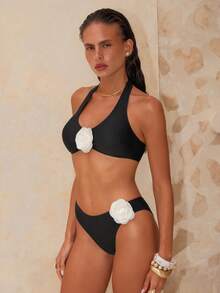 Swim Chiccia مجموعة بيكيني نسائية جديدة ذات قطعتين، أسود وأبيض بطبعات زهور أنيقة وجذابة، مبطنة مناسبة للشاطئ والعطلات، مجموعة بيكيني بقطعتين للربيع والصيف، بيكيني محتشم بتصميم صدفة البحر - الأسود - مشاهدة 2