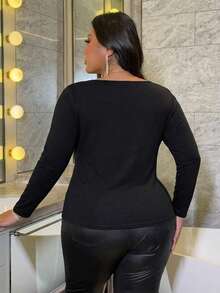 INAWLY Plus Size Black Fitted Crew Neck Long Sleeve Hollow Decor Knit Top - Black - View 2