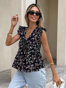 Serisse 女士碎花系带休闲衬衫，喇叭袖 - 粉色 - 查看 4