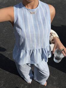 Siren Gaze 女士条纹荷叶边吊带背心和阔腿裤休闲两件套 条纹翻领无袖长裤睡衣套装 女士条纹睡衣 蓝白条纹睡衣 夏季女士睡衣 女士睡衣套装 家居服套装 女士舒适优雅细节 女士秋季条纹睡衣套装 宽松圆领上衣 松紧腰裤 可作外衣家居服套装 时尚气质 Y2K 露背低腰宽松直筒阔腿蓝色套装 - 彩色 - 查看 3