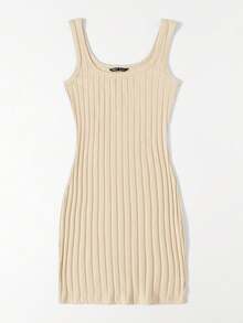 SHEIN Essnce Solid Color Ribbed Knit Sleeveless Scoop Neck Dress - Beige - View 3