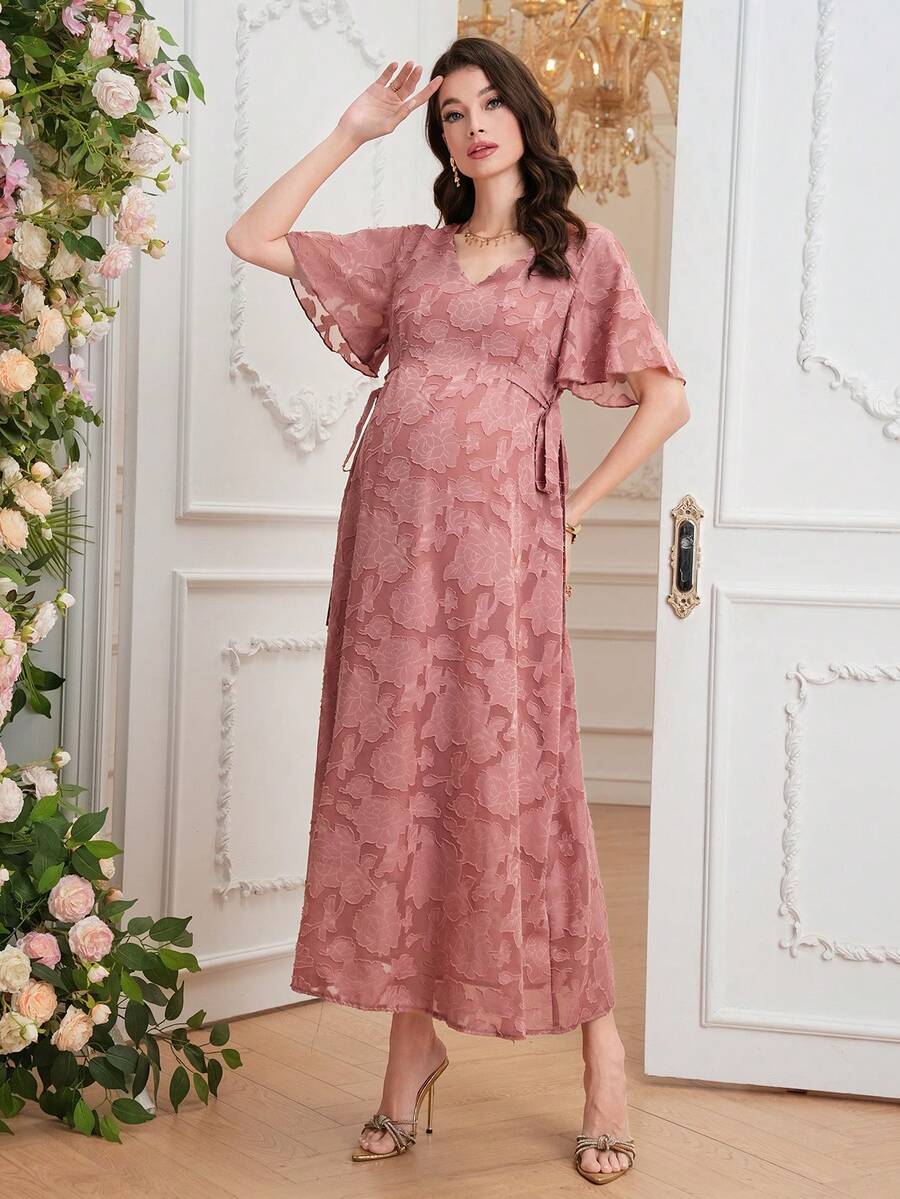 SHEIN Elegant Maternity Jacquard V-Neck Ruffle Sleeve Dress, Summer - Dusty Pink - View 1