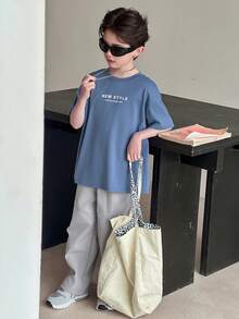 Dazy Kids Áo thun ngắn tay cổ tròn in chữ cho bé trai tuổi teen, kiểu dáng thường ngày, đa năng, thích hợp mặc mùa hè. - Màu xanh lam - Xem 7