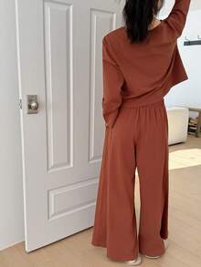 DAZY 极简刺绣字母装饰针织阔腿裤女士家居服套装 - 棕色 - 查看 2