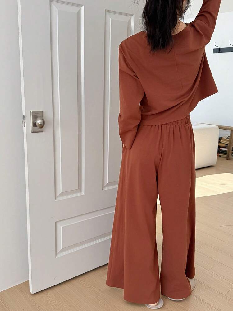 Minimalist Embroidered Letter Decor Knit Wide Leg Pants Women Loungewear Set