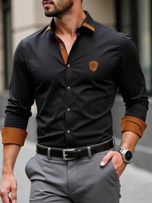 Manfinity Mode Áo sơ mi dài tay nam cỡ lớn thêu hình vương miện, phong cách công sở thường ngày, dành cho nam giới quý tộc, thích hợp mặc hàng ngày, đi chơi cuối tuần, hoạt động ngoài trời, du lịch, môi trường làm việc thoải mái hoặc các dịp bán trang trọng, quà tặng cho bạn trai/chồng, quà kỷ niệm/sinh nhật, tiệc tùng, kỳ nghỉ hè, đám cưới, từ xuân sang hè, lễ hội Mardi Gras. Áo sơ mi dài tay màu đen cài nút với viền màu be và họa tiết vương miện dành cho nam giới, áo sơ mi đen vàng cho nam, áo sơ mi dài tay thường ngày cho nam, áo sơ mi đen kaki cho nam. - màu đen - Xem 3