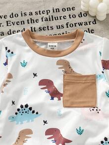 SHEIN Vintaside Kids Bộ đồ 2 món cho bé trai/bé gái: áo thun gân phối màu tương phản và quần dài màu xanh dương, trang phục thường ngày thoải mái, đa năng, phù hợp cho các dịp hè. - Màu Khaki - Xem 8