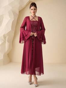 Modelyn Conjunto elegante de 2 piezas para mujer: Chaqueta de manga larga de gasa en borgoña y vestido de línea A con cintura ceñida y escote halter metálico, para primavera/verano - Burdeos - Ver 7