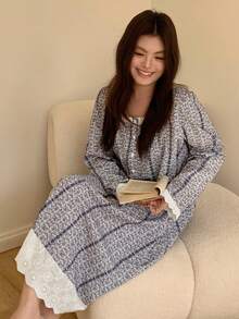 Dazy Plus Plus Size Women Ditsy Floral Square Neck Long Sleeve Button Design Loose Nightgown Pajamas - Dusty Blue - View 6