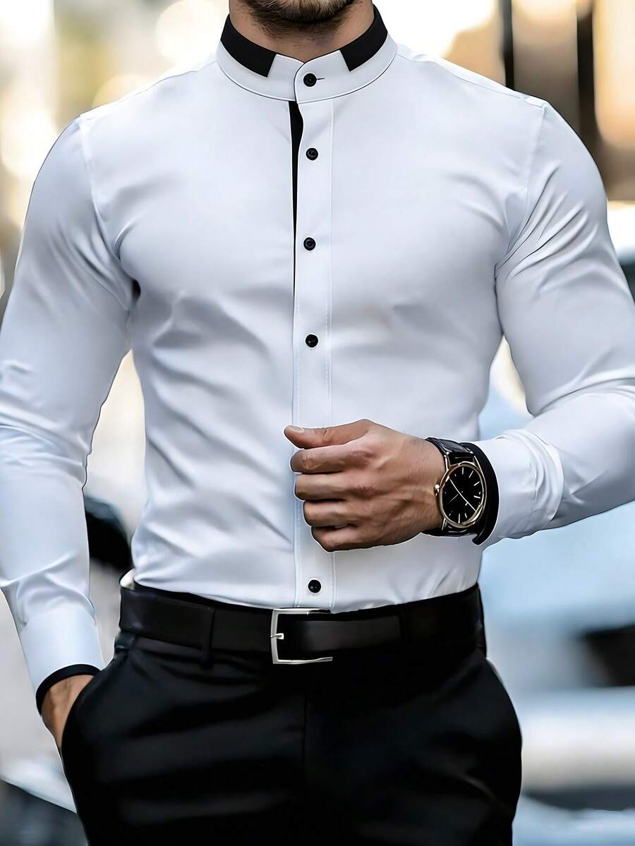 Manfinity Mode 男士休閒商務襯衫，白黑對比飾邊領長袖正裝襯衫，秋季辦公室燕尾服設計師襯衫，送給男士的禮物，儀式用 - 白色 - 查看 1