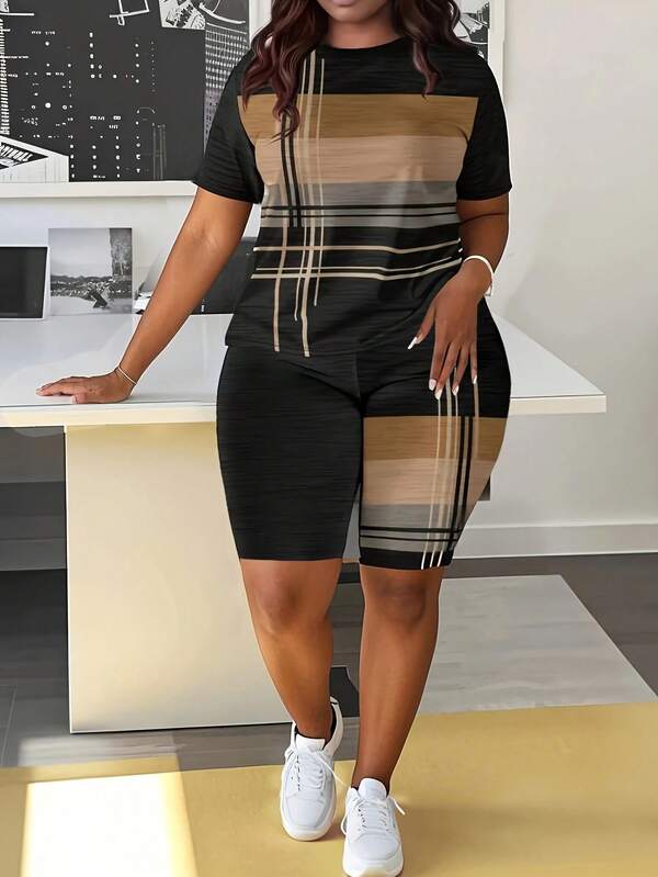 Maweii Plus Size Women's Casual Striped Printed Short Sleeved Round Neck Top With Shorts Set