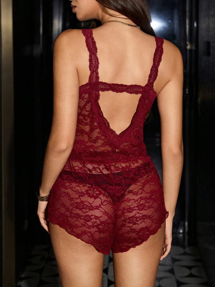 SHEIN Lace Trim Back Faux Silk Camisole And Shorts Women Pajama Set - Burgundy - View 3