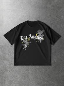 Street Life Men's Casual Angel Letter Print Short Sleeve T-Shirt, Summer - Black - View 1