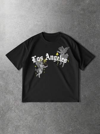 Street Life Camiseta de manga corta casual de hombre con estampado de letra de ángel, para verano