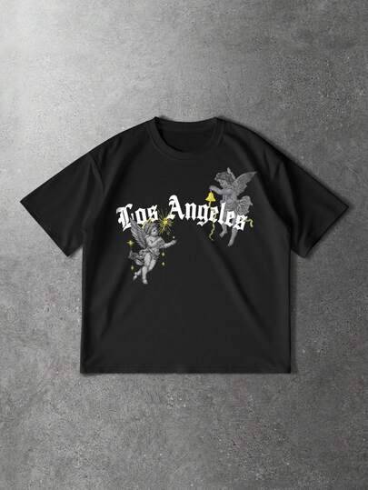 ROMWE MEN Street Life Men's Casual Angel Letter Print Short Sleeve T-Shirt, Summer
