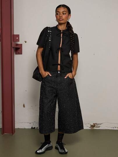 COUREZ 低腰宽松拉绒牛仔滑板短裤