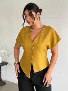 Firerie Camisa casual de manga corta con cuello en V y botones de unicolor para tallas grandes - Amarillo - View 3