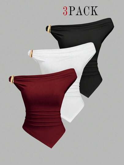 Elenzga Conjunto de 3 piezas de moda europea y americana de verano para mujer de talla grande, unicolor, con decoración metálica, dobladillo retorcido, dobladillo asimétrico, camiseta ajustada y versátil para uso casual y de oficina