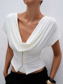 ATUI Studio Áo kiểu nữ thanh lịch, màu trơn, cổ xếp ly, cài cúc, dáng ôm, thích hợp cho mùa hè. - trắng - Xem 3