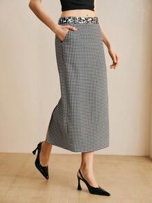 Arave 女士高腰修身铅笔裙，侧开衩设计，适合日常通勤 - 黑與白 - 查看 9