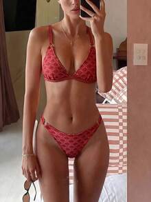 Swim Mod 2件套女士碎花侧高衩丁字比基尼泳衣，沙滩度假 - 紅色 - 查看 1