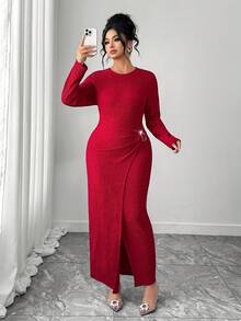 Elenzga Plus Size Women Elegant Red Modest Satin Party Dress,Autumn Long Sleeve Minimalist Ribbed Textured Fabric Metal Ring Decor Fitted Commute Daily Gown - Burgundy - View 2
