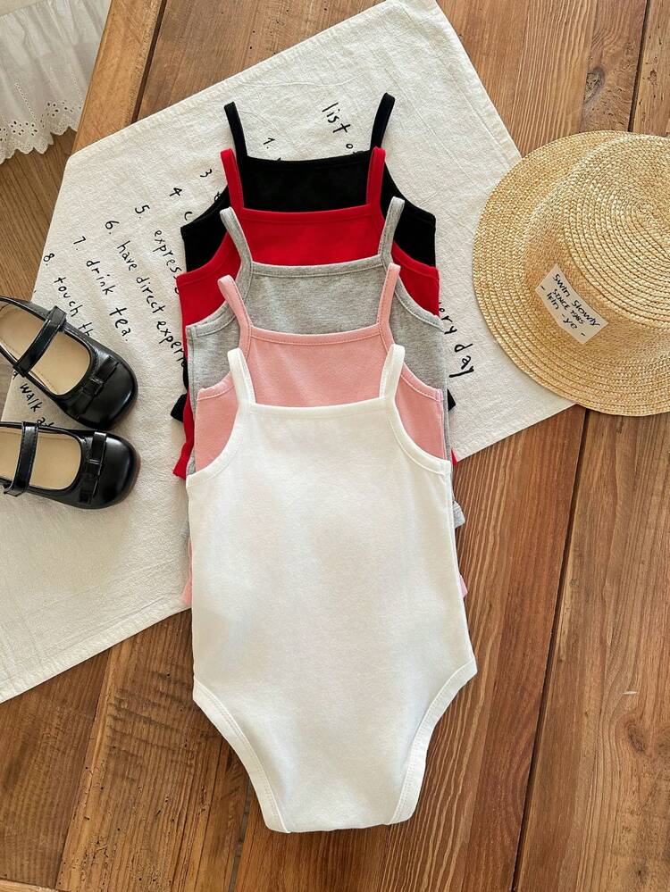 SHEIN LMoss Kids 5pcs/Set Unisex Baby Casual Minimalist Knit Comfortable Elastic Solid Color Bodysuit Suitable For Summer Cute Tops Baby Girl Camisole - Multicolor - View 2