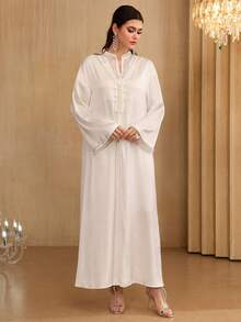 Al Najma 优雅奢华二合一立领连帽泡泡珍珠喇叭袖连衣裙，春夏款 - 白色 - 查看 6