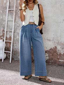 EMERY ROSE Women's Pocketed Button Pleated Casual Versatile Daily Wear Wide Leg Jeans,Women's High Waist Wide Leg Denim Pants – Pleated Loose Fit Summer Casual Outfits,Women's Pleated Wide Leg Denim Jeans High Waist Y2K Coquette Street Style,Women's Elegant Wide Leg Denim Trousers – High Waist Pleated Vacation Style,Women's Light Wash High-Waist Wide Leg Denim Pants, Featuring Front Pleated Detailing, Loose Flowy Silhouette, Side Pockets, And Wide Cuffed Hems. Soft Breathable Denim Fabric, Versatile Styling, Perfect For Summer Daily, Vacation, Y2K Coquette & Casual Streetwear Looks,WideLegJeans, HighWaistDenim, PleatedDenim, LightWashDenim, SummerJeans, Y2K, CoquetteStyle, CasualStreetwear - Blue - View 4