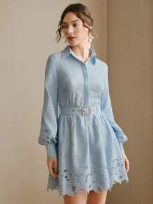 Anewsta Women's Hollow Out Embroidery Mini Dress, Fashionable For Valentine's Day, Women's Day, Mother's Day, Birthday, Date Night, Vacation - Blue - View 5