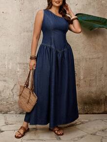 EMERY ROSE 大码纯色褶皱不对称肩部无袖牛仔夏季连衣裙 - 藍色 - 查看 3