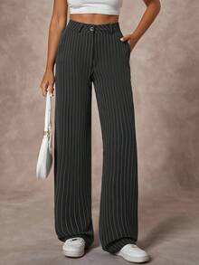 SHEIN Marinblå randiga kostymbyxor med rak passform och knappar framtill för kvinnor - Marinblå - Visa 4